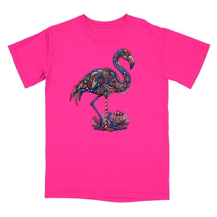 Pink t-shirt with a colorful flamingo design on a white background