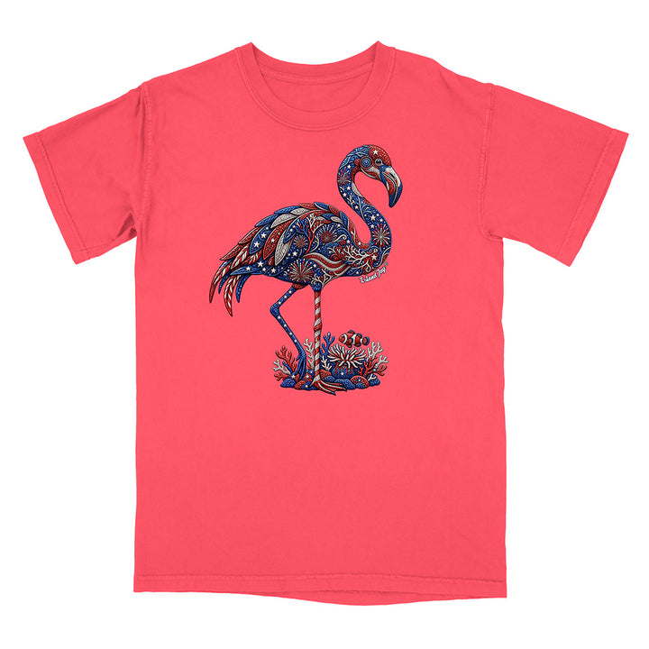 Pink t-shirt with a colorful flamingo design on a white background