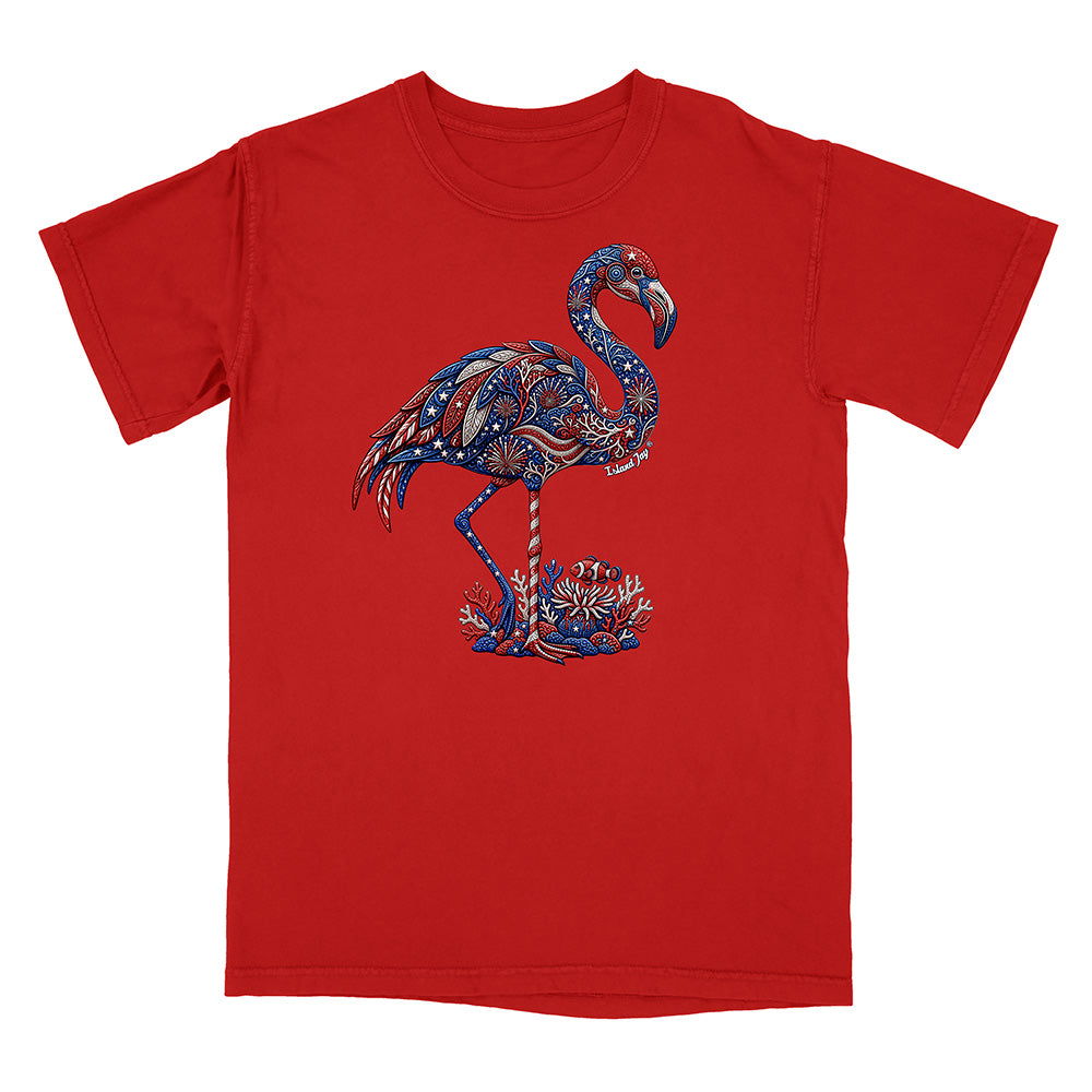 Red t-shirt with a colorful flamingo design on a white background