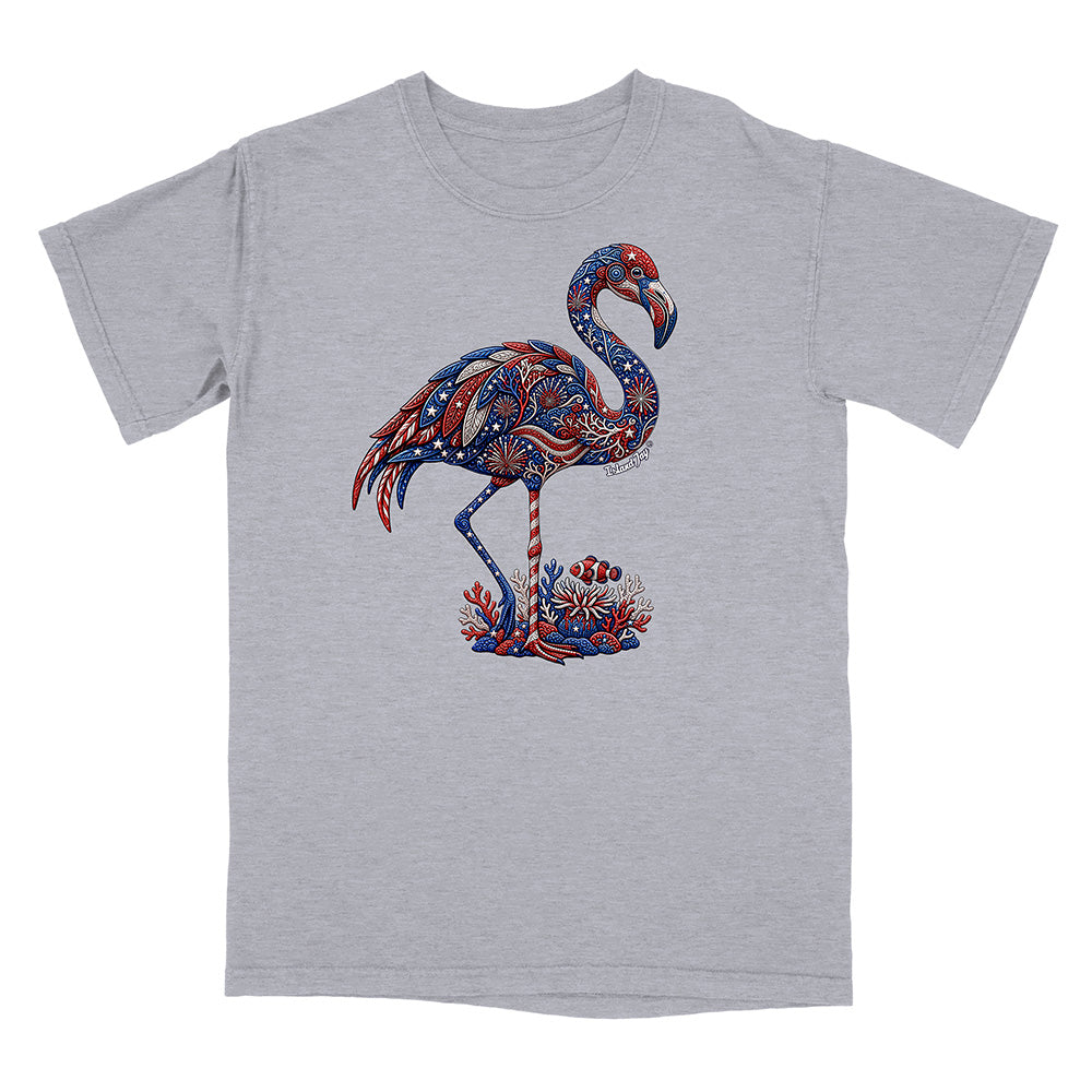 Gray t-shirt with a colorful flamingo design on a white background