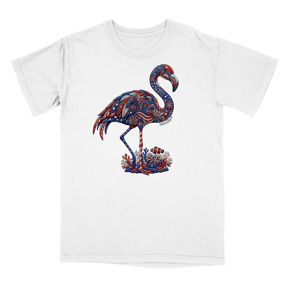 White t-shirt with a colorful flamingo design on a white background