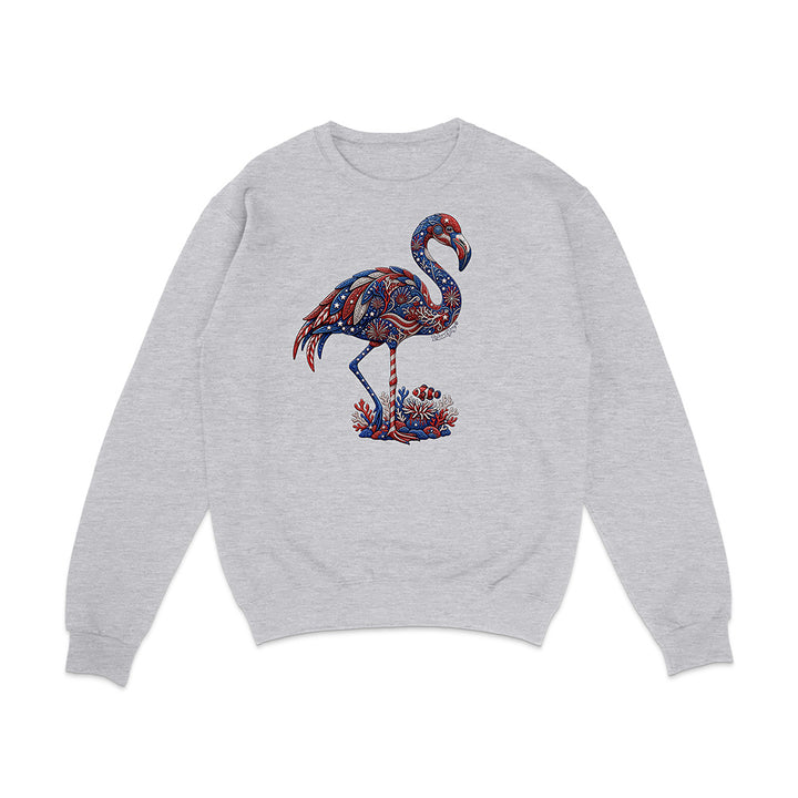 Gray sweatshirt with a colorful flamingo design on a white background