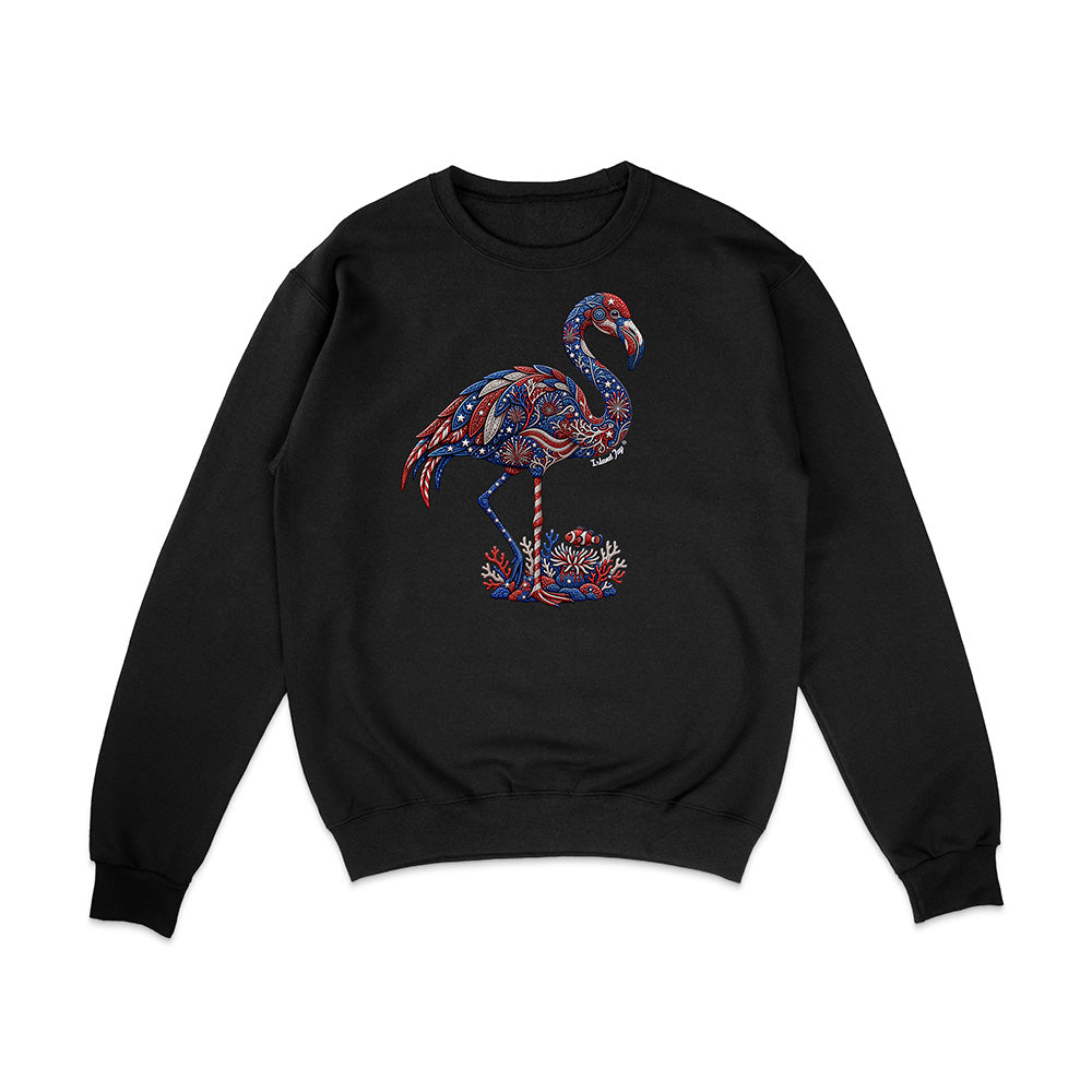 Black sweatshirt with a colorful flamingo design on a white background