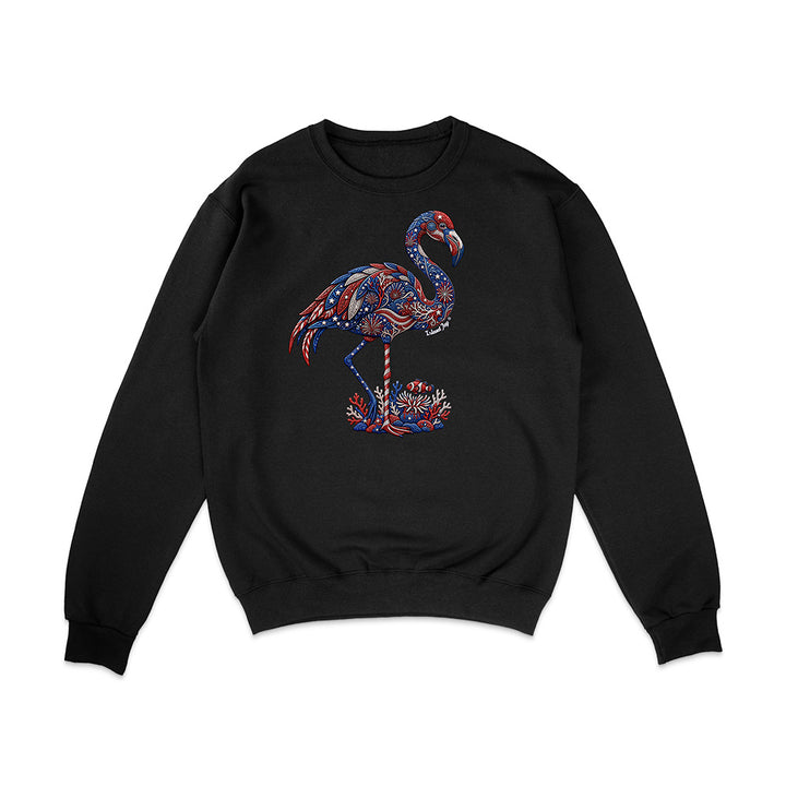 Black sweatshirt with a colorful flamingo design on a white background