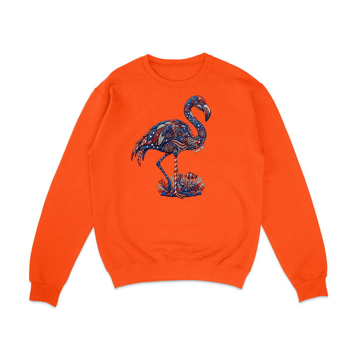 Orange sweatshirt with a colorful flamingo design on a white background