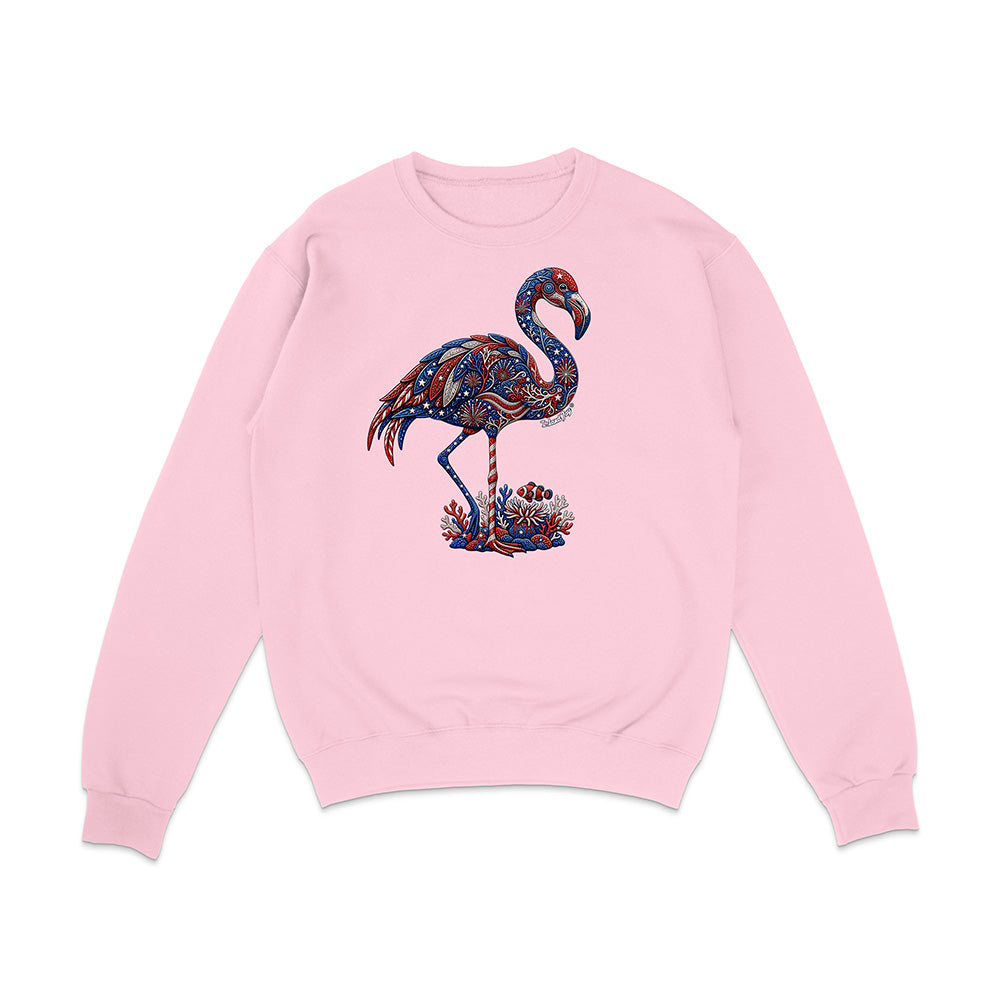 Pink sweatshirt with a colorful flamingo design on a white background