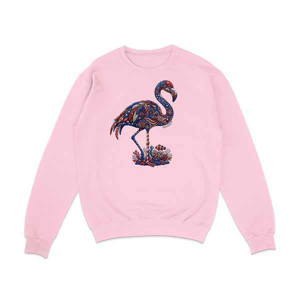 Pink sweatshirt with a colorful flamingo design on a white background