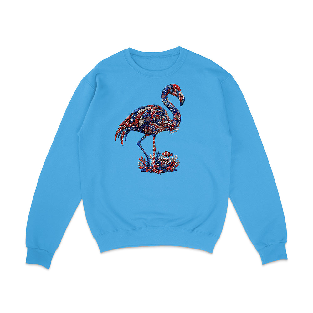 Blue sweatshirt with a colorful flamingo design on a white background