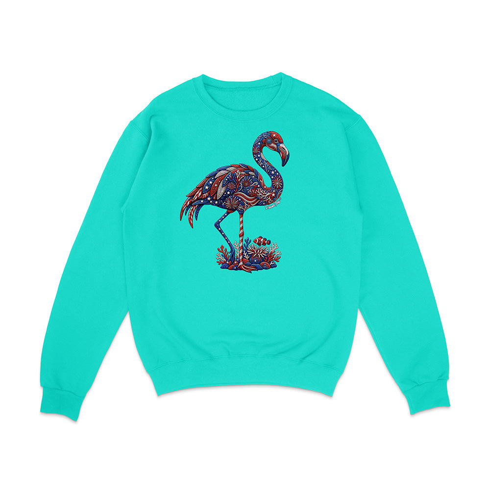 Turquoise sweatshirt with a colorful flamingo design on a white background