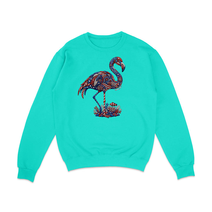 Turquoise sweatshirt with a colorful flamingo design on a white background