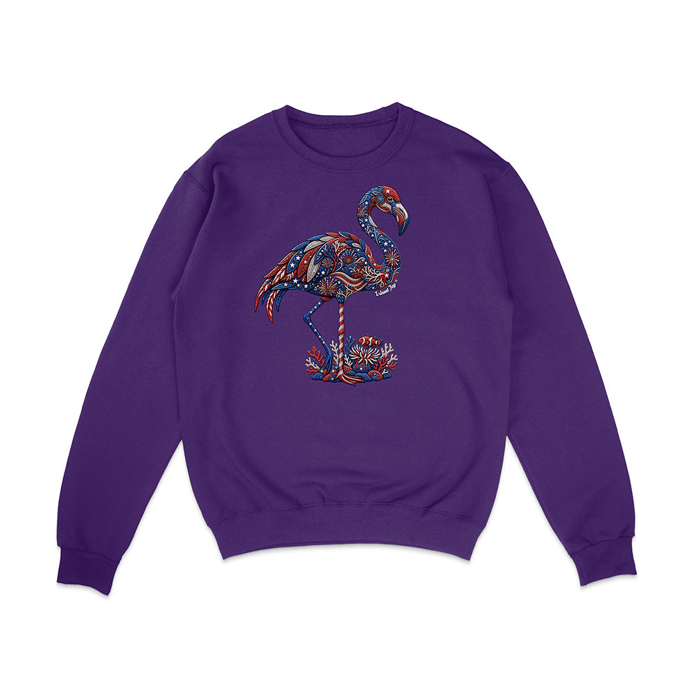 Purple sweatshirt with a colorful flamingo design on a white background