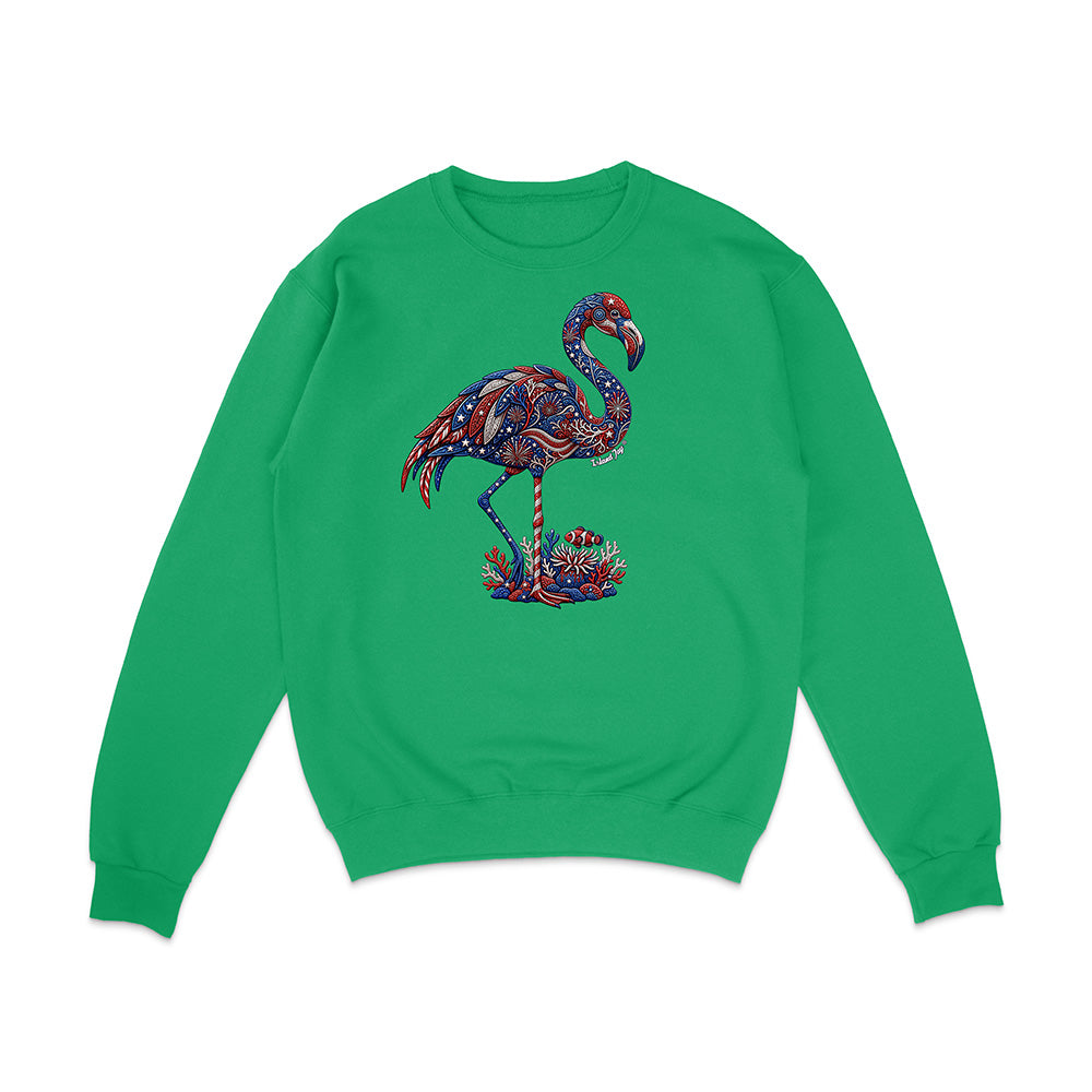 Green sweatshirt with a colorful flamingo design on a white background