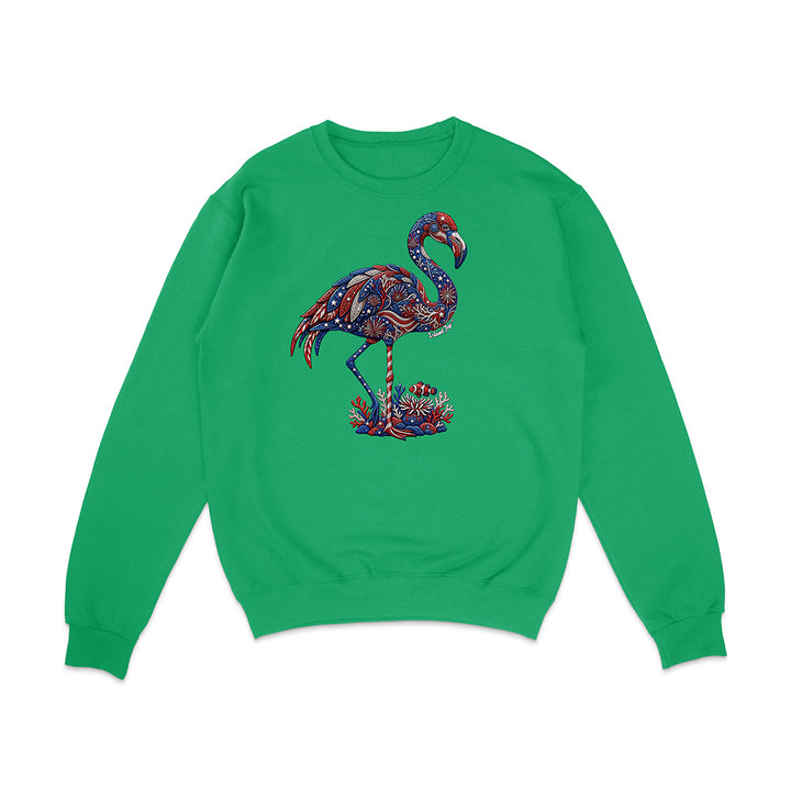 Green sweatshirt with a colorful flamingo design on a white background