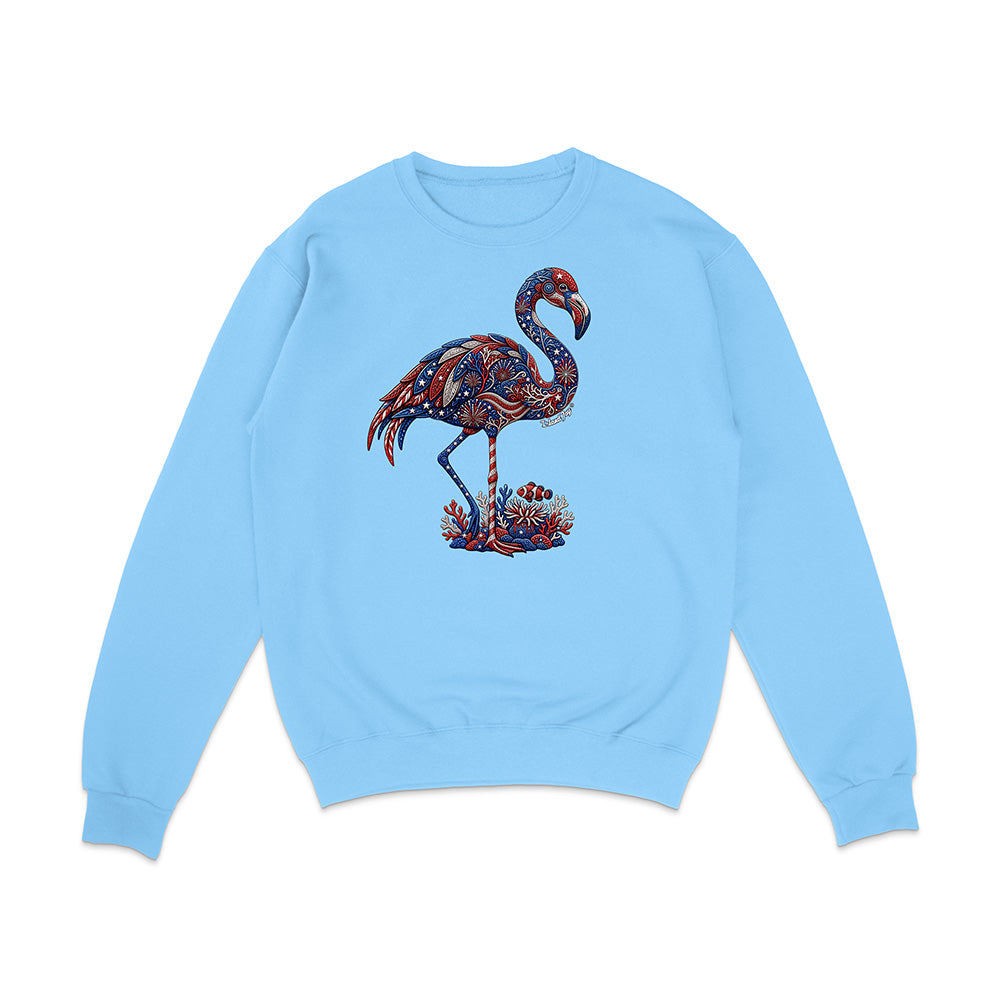 Light blue sweatshirt with a colorful flamingo design on a white background