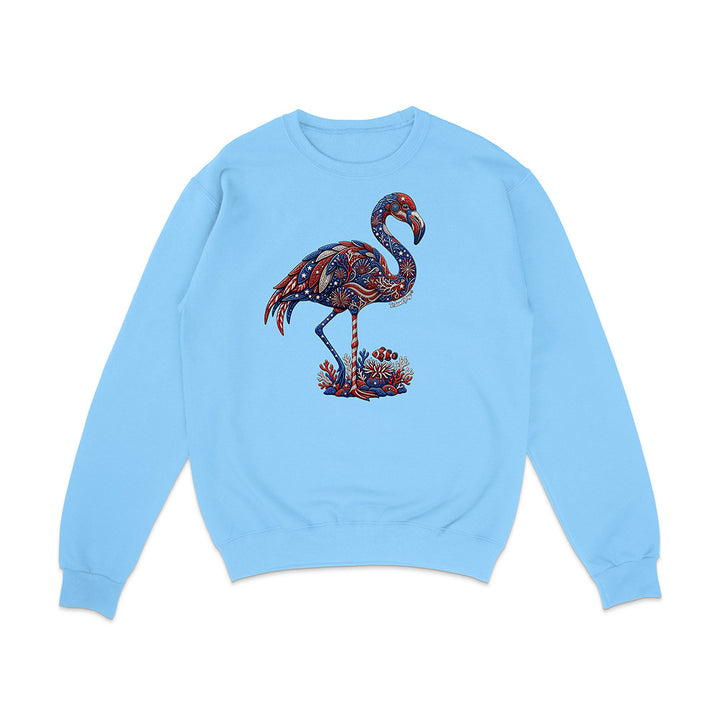 Light blue sweatshirt with a colorful flamingo design on a white background