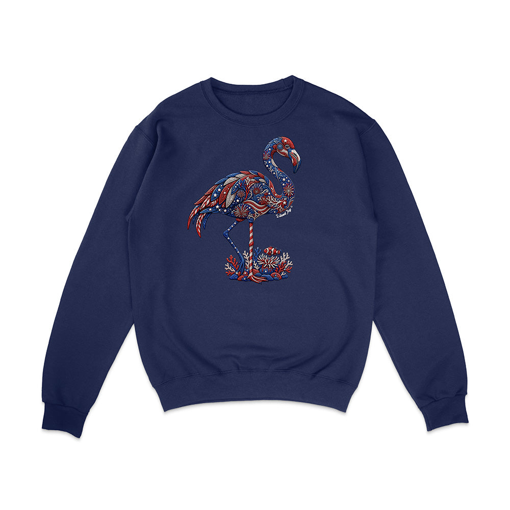 Navy blue sweatshirt with a colorful flamingo design on a white background
