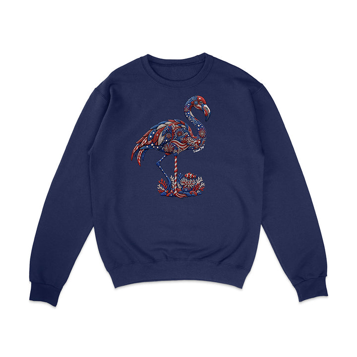 Navy blue sweatshirt with a colorful flamingo design on a white background