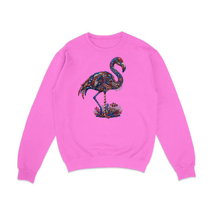 Pink sweatshirt with a colorful flamingo design on a white background