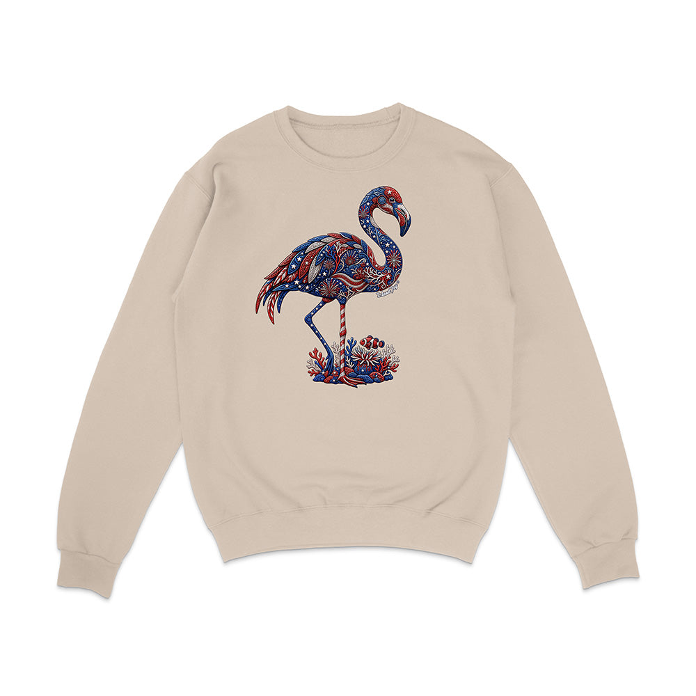 Beige sweatshirt with a colorful flamingo design on a white background