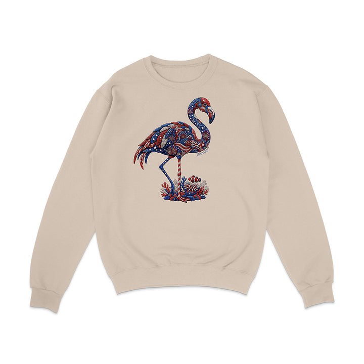 Beige sweatshirt with a colorful flamingo design on a white background