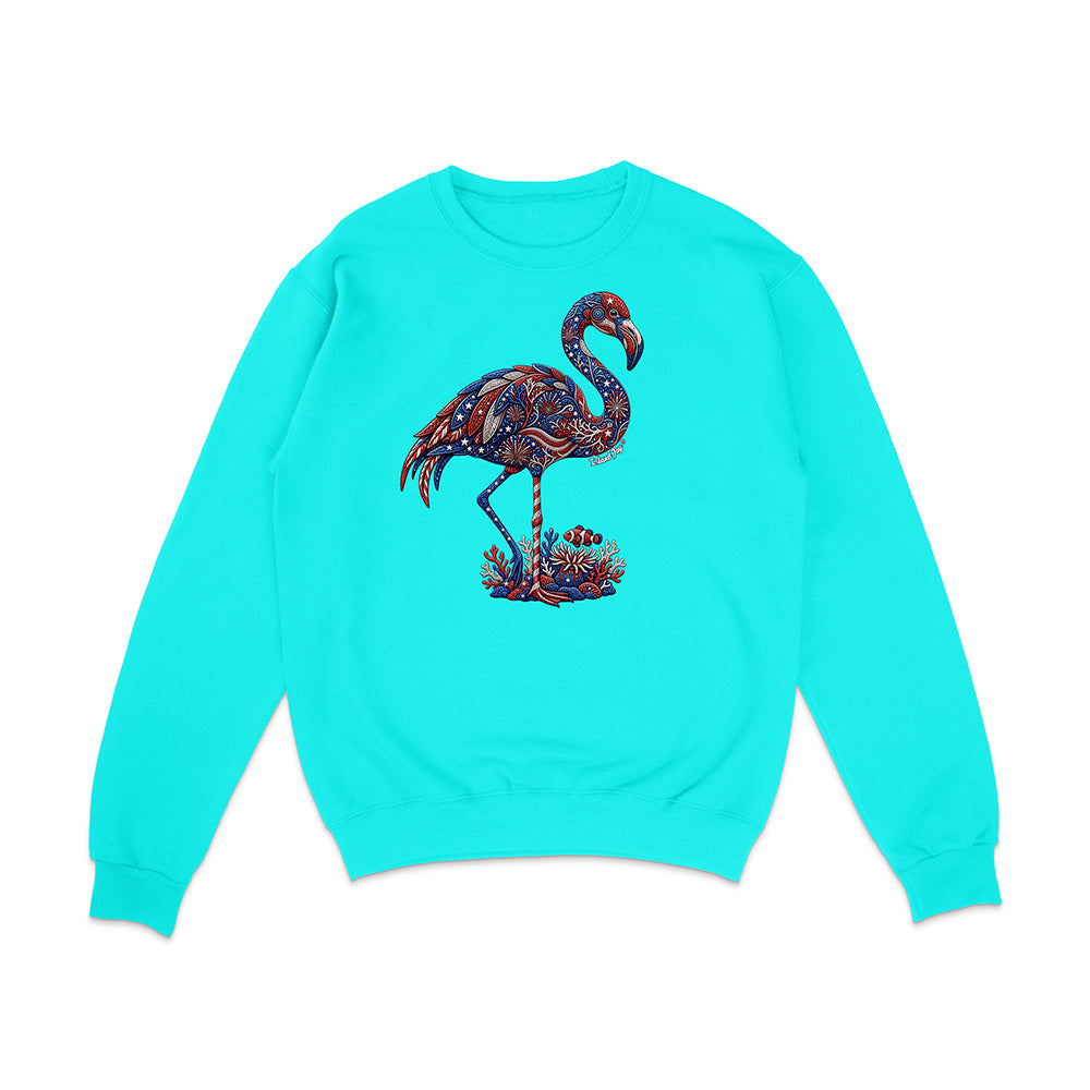 Turquoise sweatshirt with a colorful flamingo design on a white background