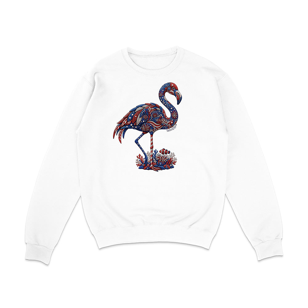 White sweatshirt with a colorful flamingo design on a white background