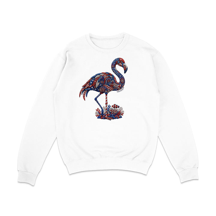 White sweatshirt with a colorful flamingo design on a white background