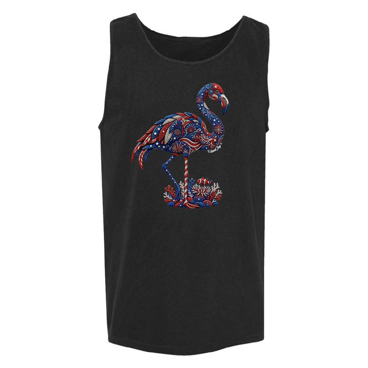 Black tank top with a colorful flamingo design on a white background