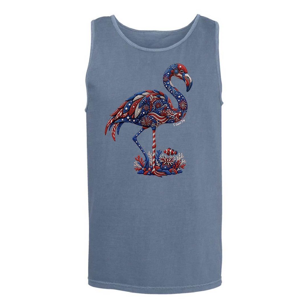 Blue tank top with a colorful flamingo design on a white background