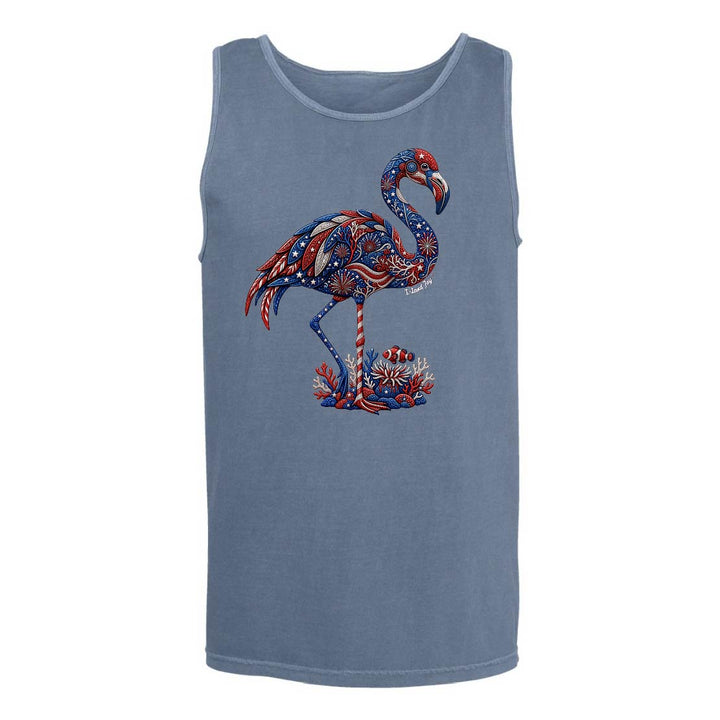Blue tank top with a colorful flamingo design on a white background