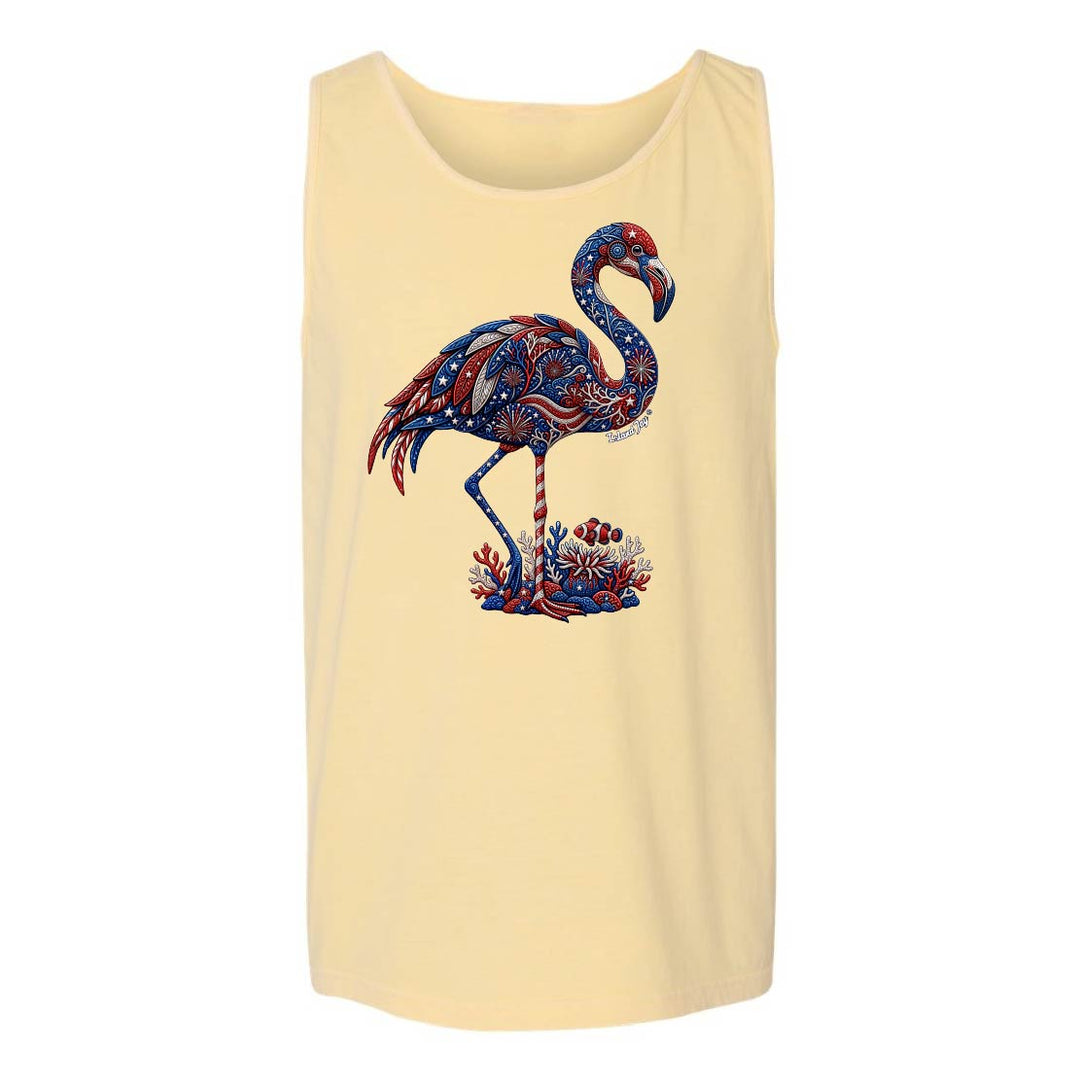 Beige tank top with a colorful flamingo design on a white background