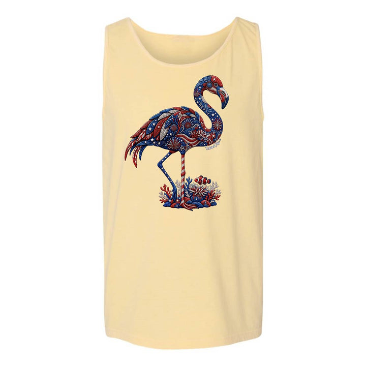 Beige tank top with a colorful flamingo design on a white background