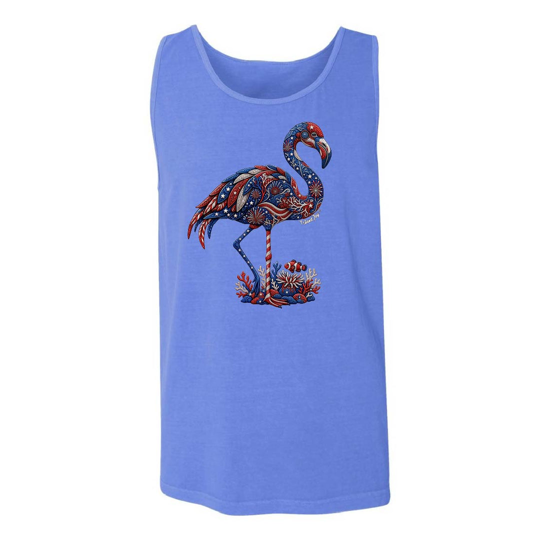 Blue tank top with a colorful flamingo design on a white background