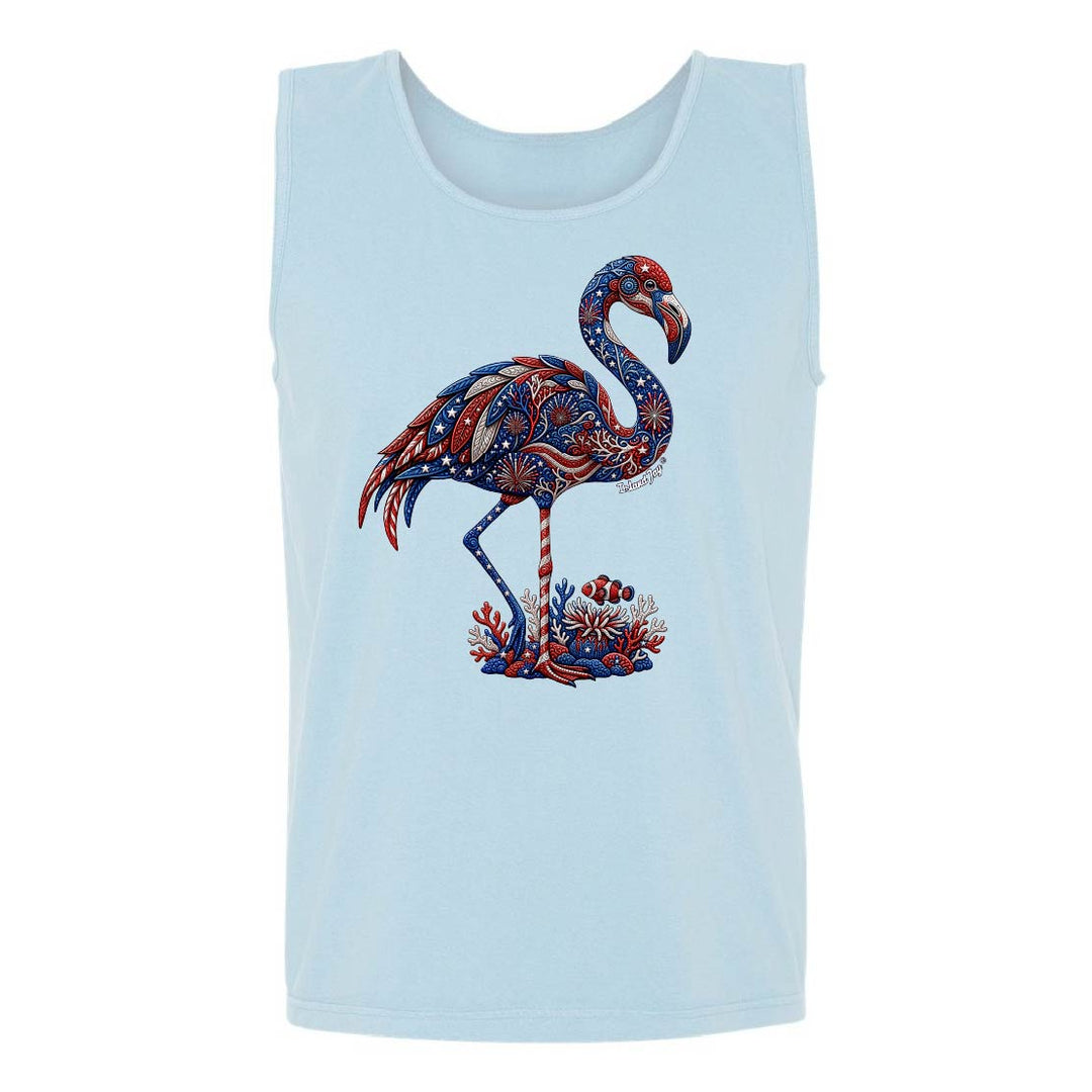 Light blue tank top with a colorful flamingo design on a white background