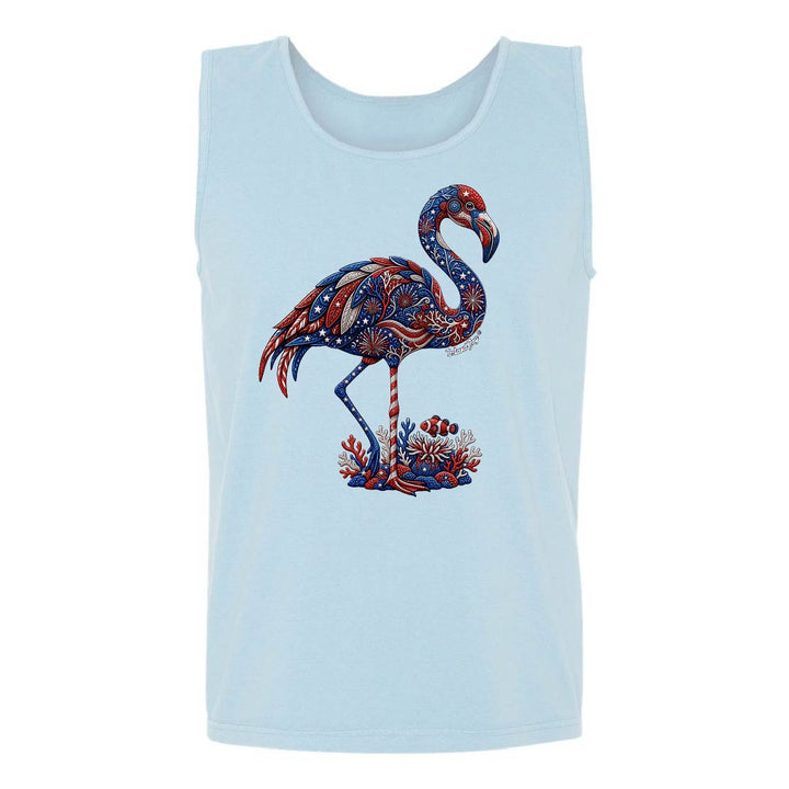 Light blue tank top with a colorful flamingo design on a white background