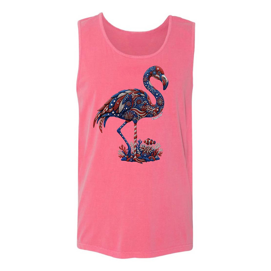 Pink tank top with a colorful flamingo design on a white background