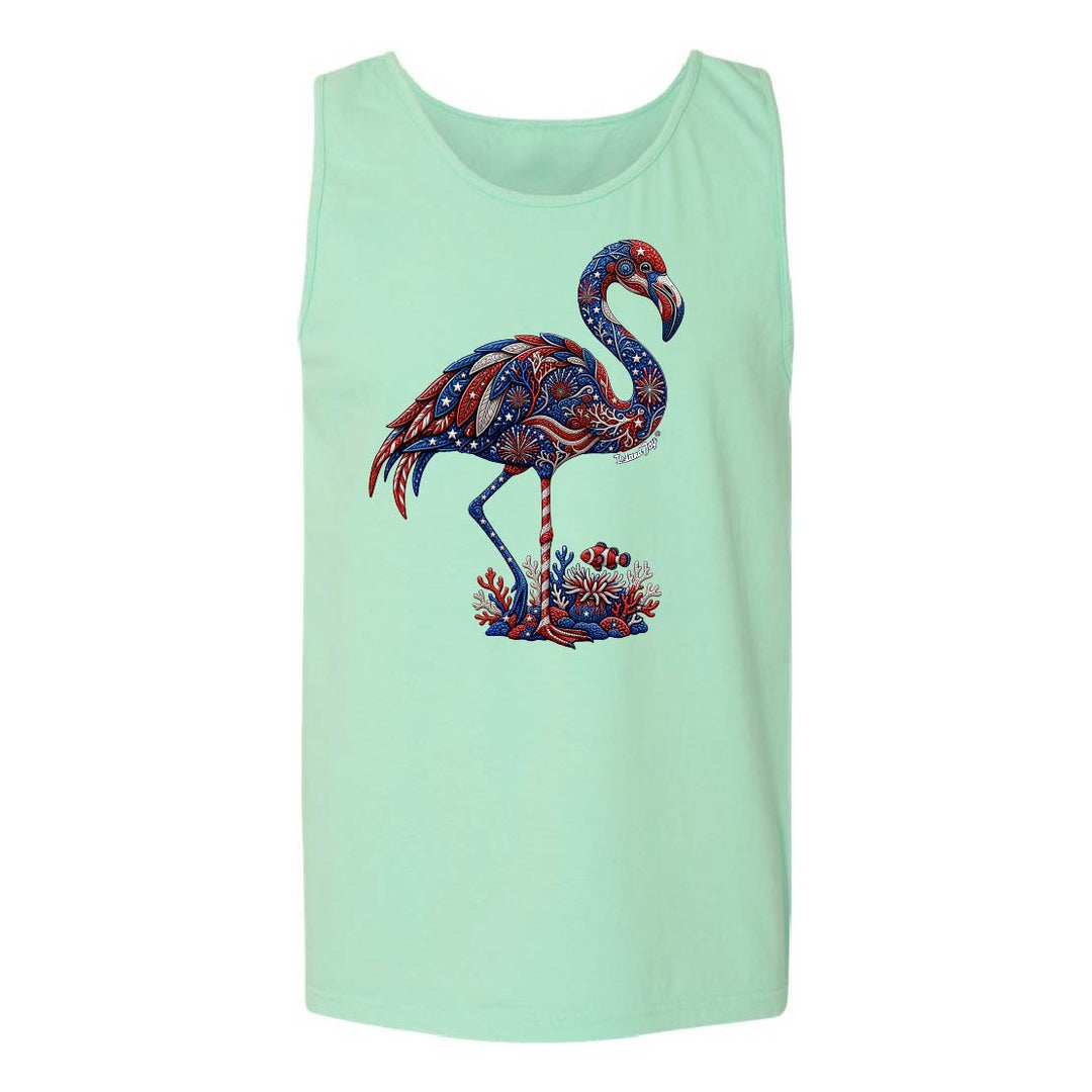 Mint green tank top with a colorful flamingo design on a white background