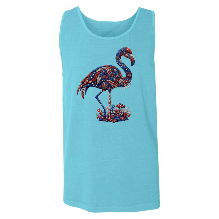 Light blue tank top with a colorful flamingo design on a white background
