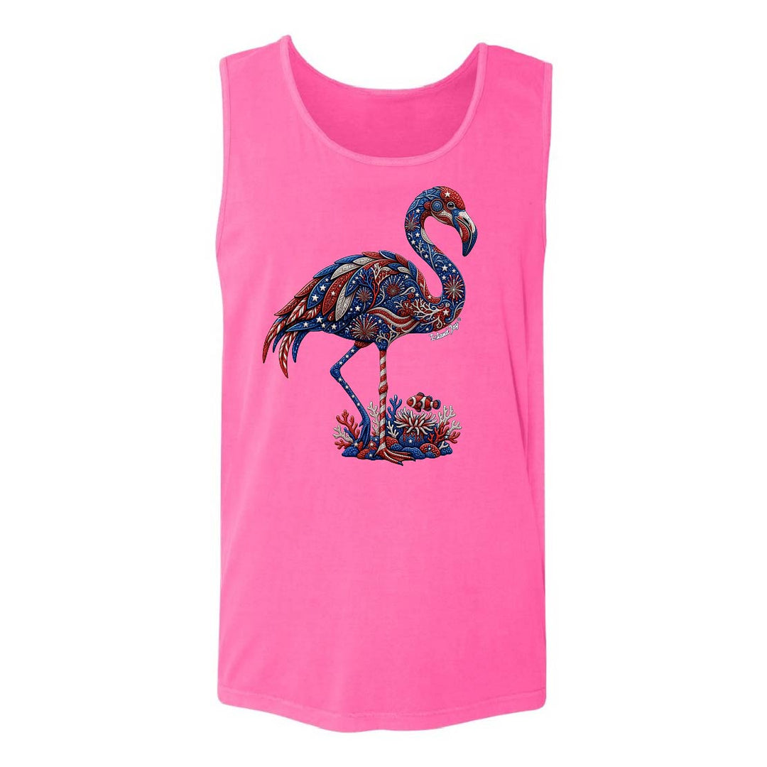 Pink tank top with a colorful flamingo design on a white background