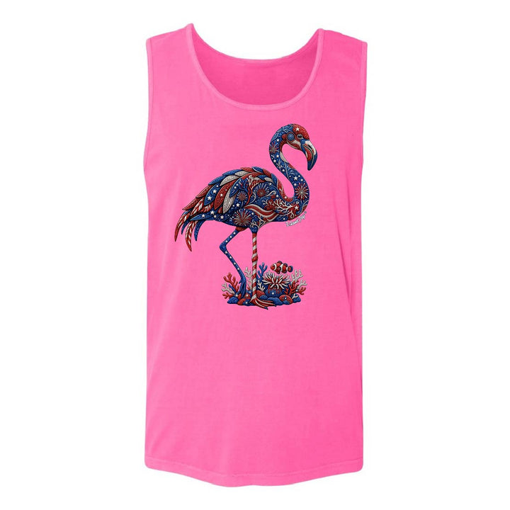 Pink tank top with a colorful flamingo design on a white background