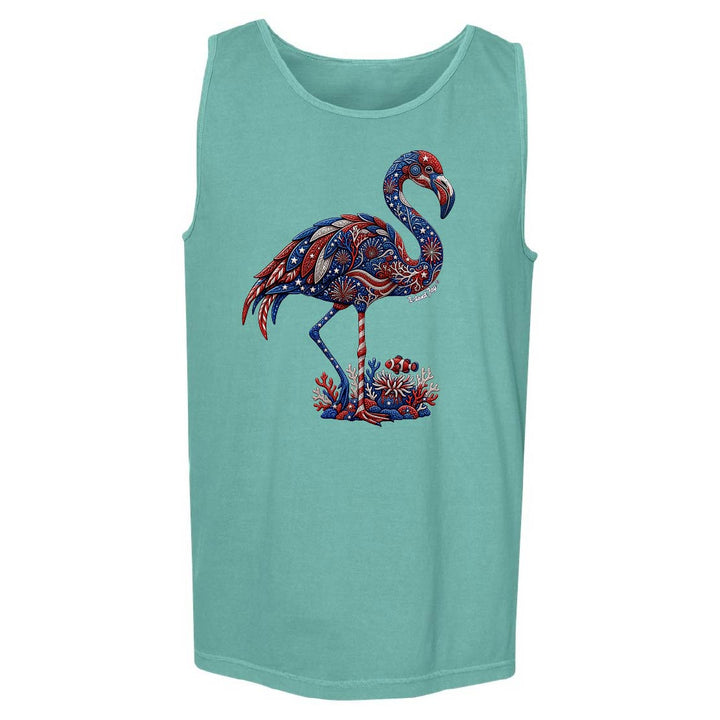 Teal tank top with a colorful flamingo design on a white background