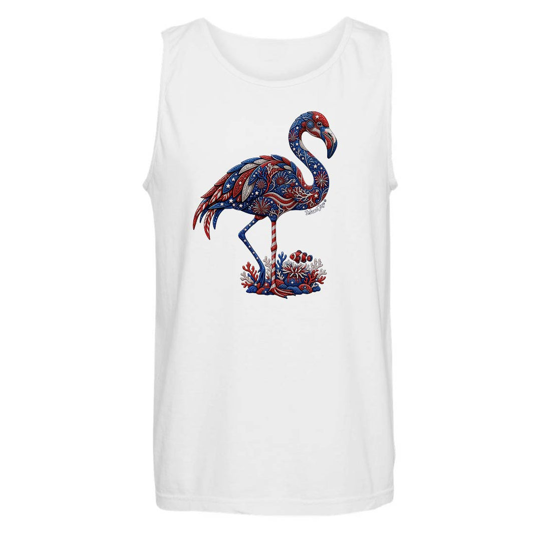 White tank top with a colorful flamingo design on a white background