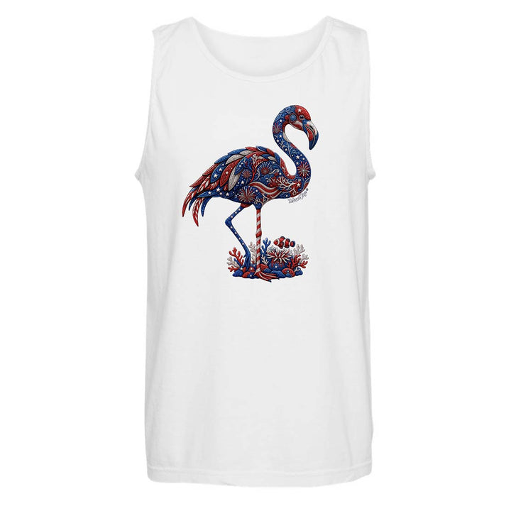 White tank top with a colorful flamingo design on a white background