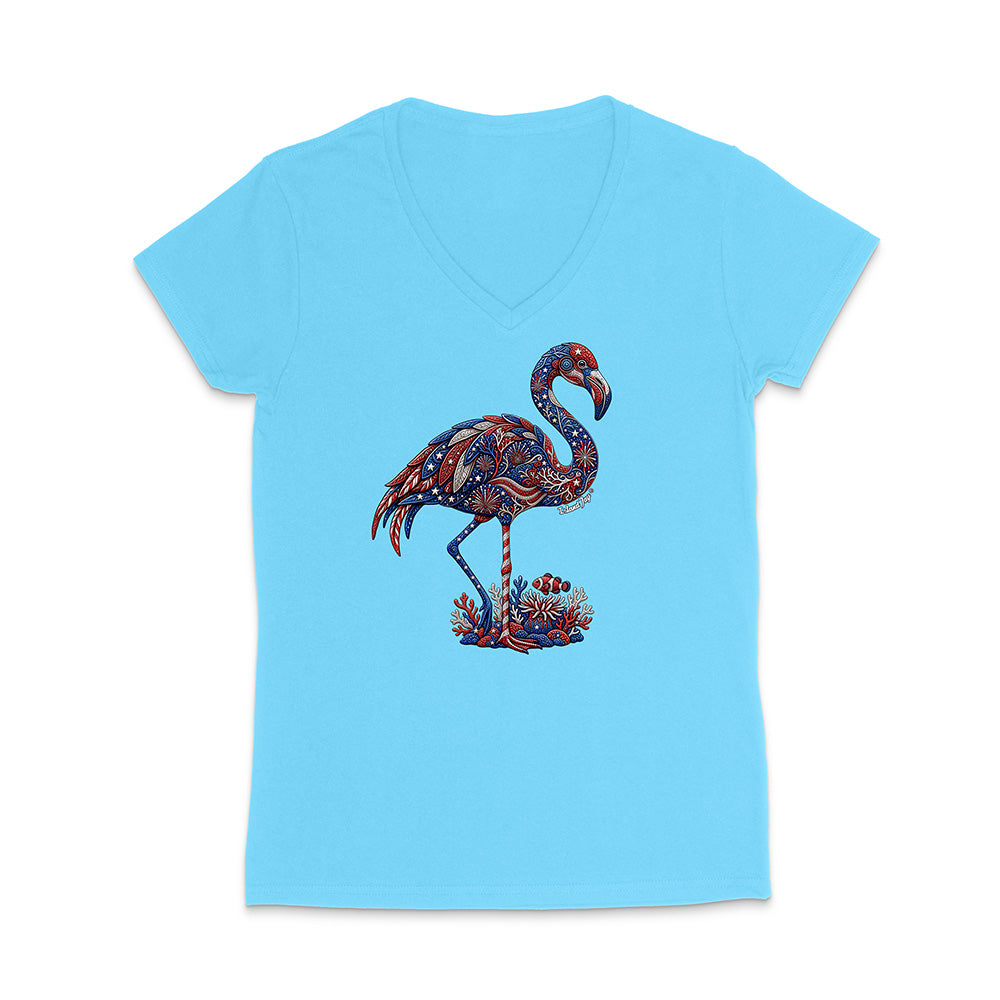 Light blue t-shirt with a colorful flamingo design on a white background