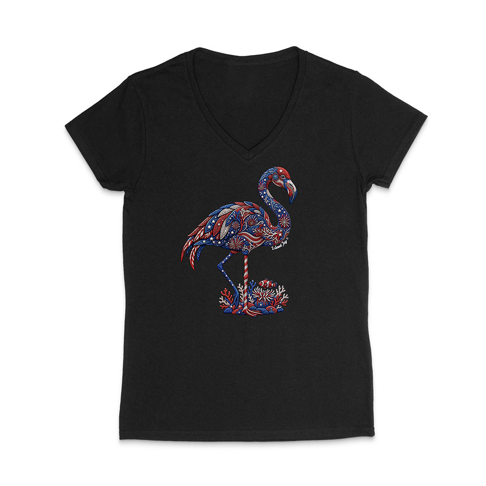 Black t-shirt with a colorful flamingo design on a white background