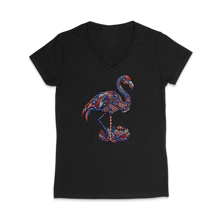 Black t-shirt with a colorful flamingo design on a white background