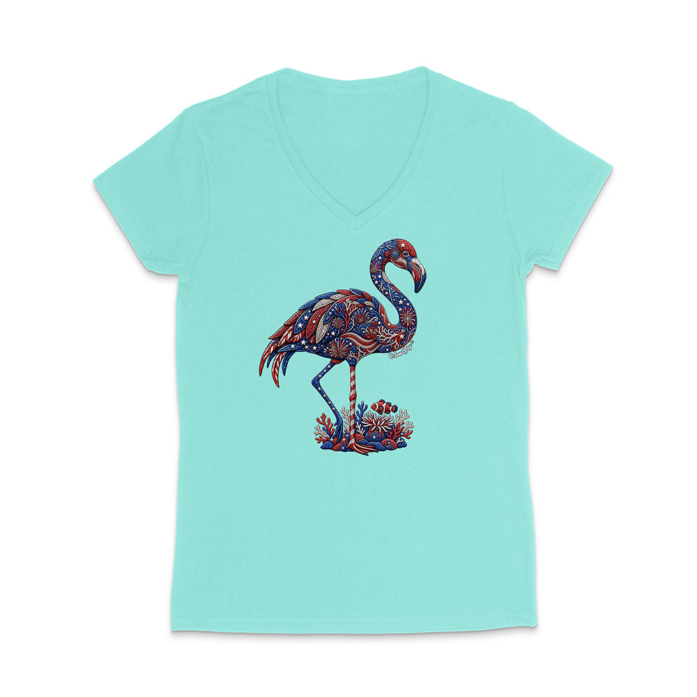 Mint green t-shirt with a colorful flamingo design on a white background