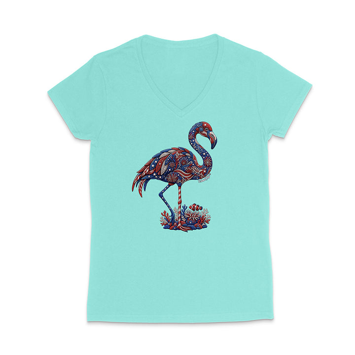 Mint green t-shirt with a colorful flamingo design on a white background