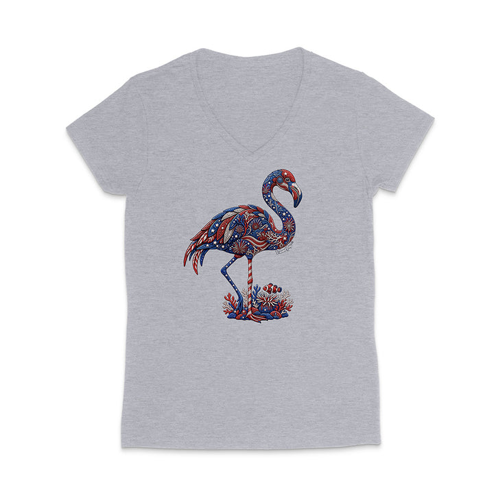 Gray t-shirt with a colorful flamingo design on a white background