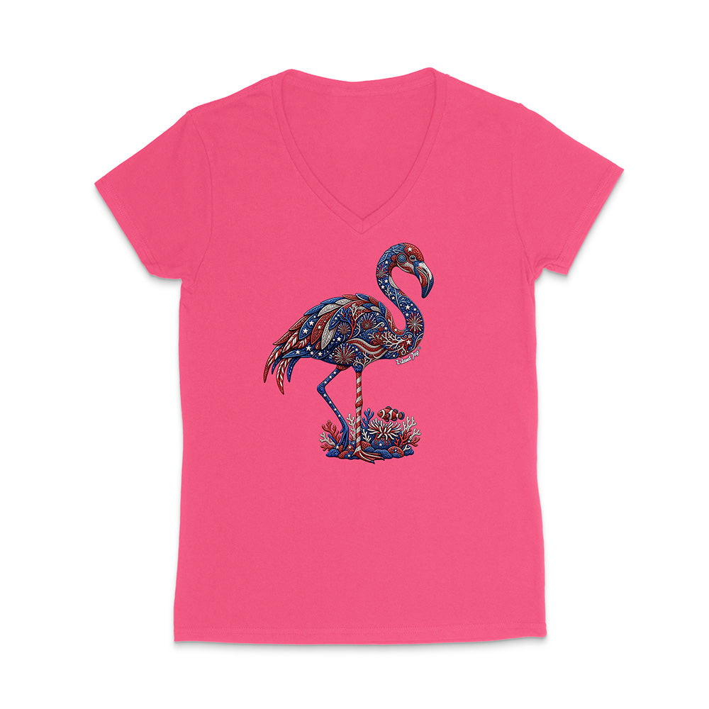 Pink V-neck t-shirt with a colorful flamingo design on a white background